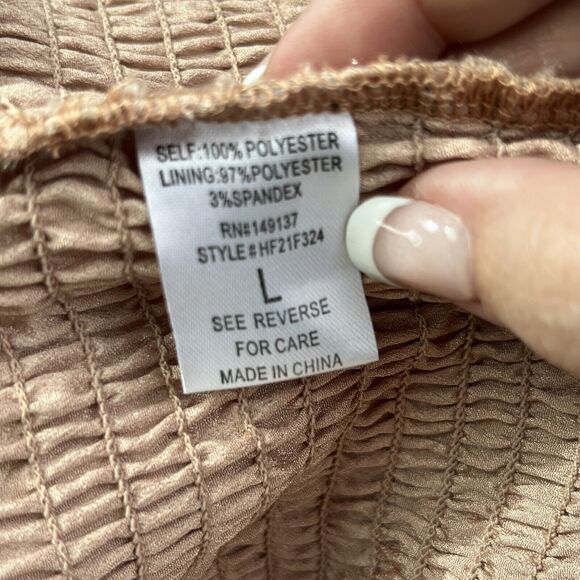 HYFVE HYFVE HYFVE Peach/Tan Polka Dot Bodycon Spring Dress Ruched Size Large - Picture 7 of 13